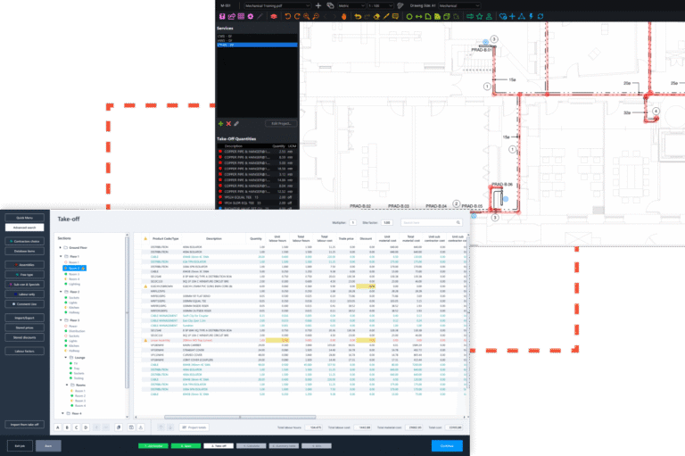 Ensign's mechanical take-off software and estimating workflow showing measured pipework feeding directly into labour and material cost calculations.