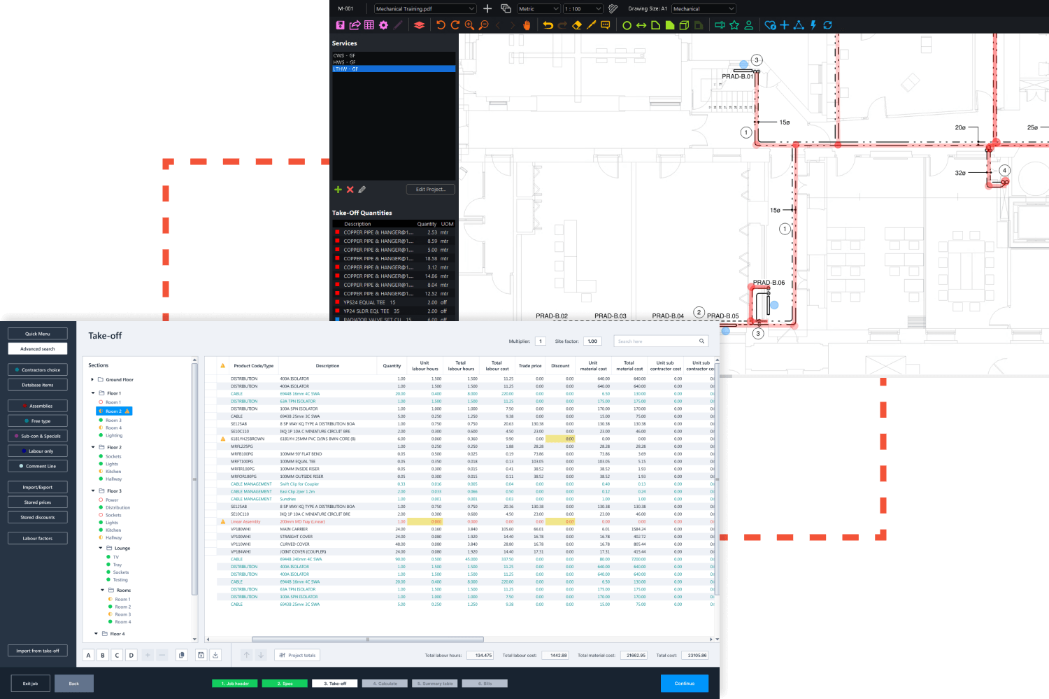 Ensign's mechanical take-off software and estimating workflow showing measured pipework feeding directly into labour and material cost calculations.
