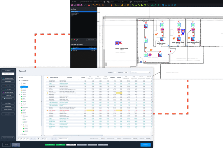 Two screenshots showing Ensign’s MEP take-off software and estimating software, including multi-service markup on a drawing and a detailed estimating table.