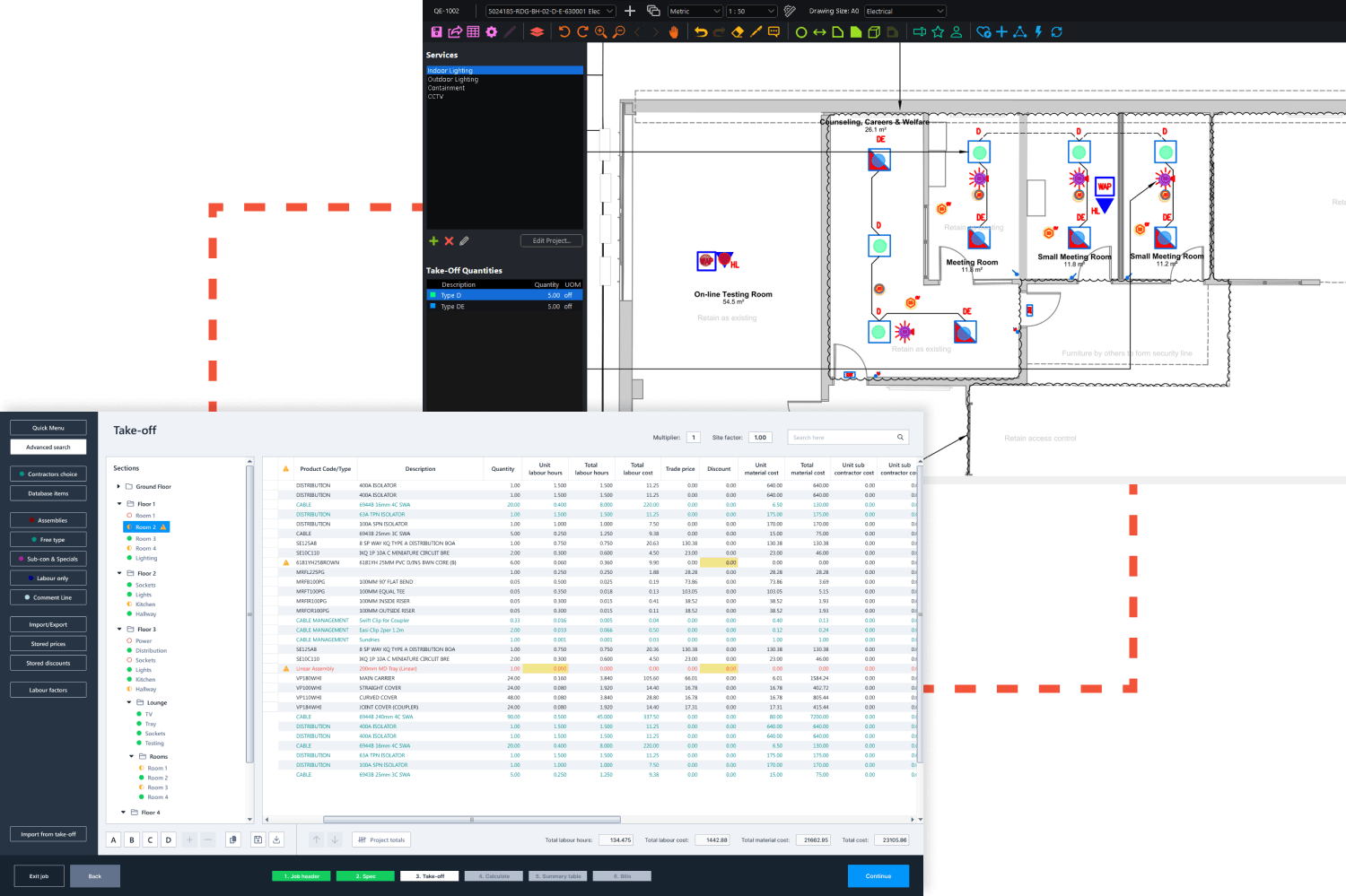 Two screenshots showing Ensign’s MEP take-off software and estimating software, including multi-service markup on a drawing and a detailed estimating table.