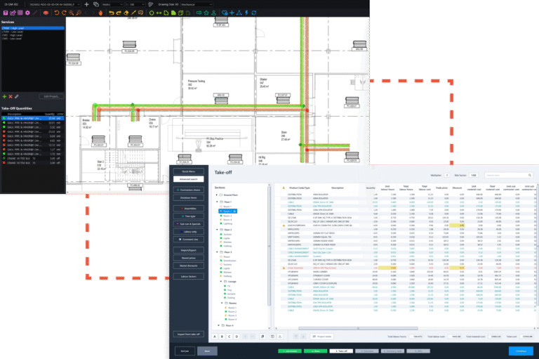 Screenshots of Ensign’s electrical take-off software and estimating software showing a marked-up electrical drawing and an auto-generated quantities list.