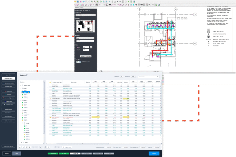 Ductwork take-off software and estimating software showing a marked-up duct drawing linked directly to an estimating schedule.