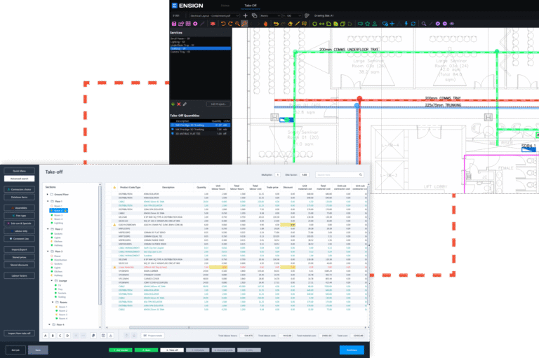 Two screenshots showing Ensign’s electrical take-off and estimating software, with a marked-up electrical drawing and a costed estimating table.