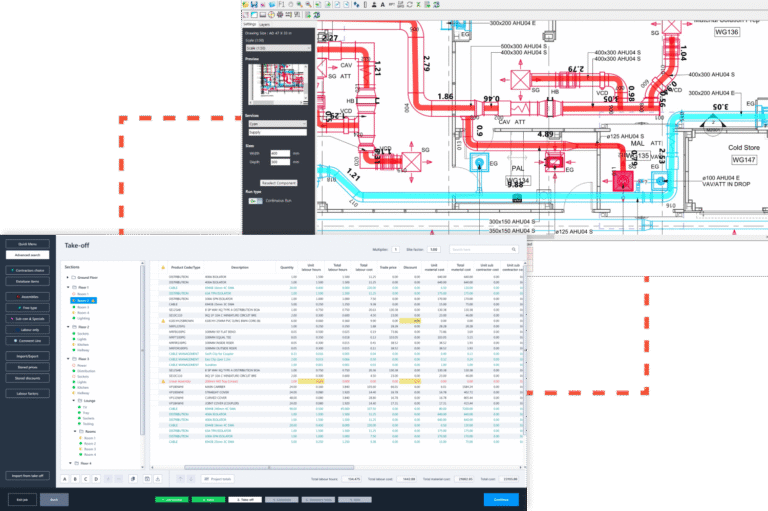 Measurements taken from insulation take-off software flowing straight into the estimating tools, with all quantities, sizes, and materials organised for pricing.