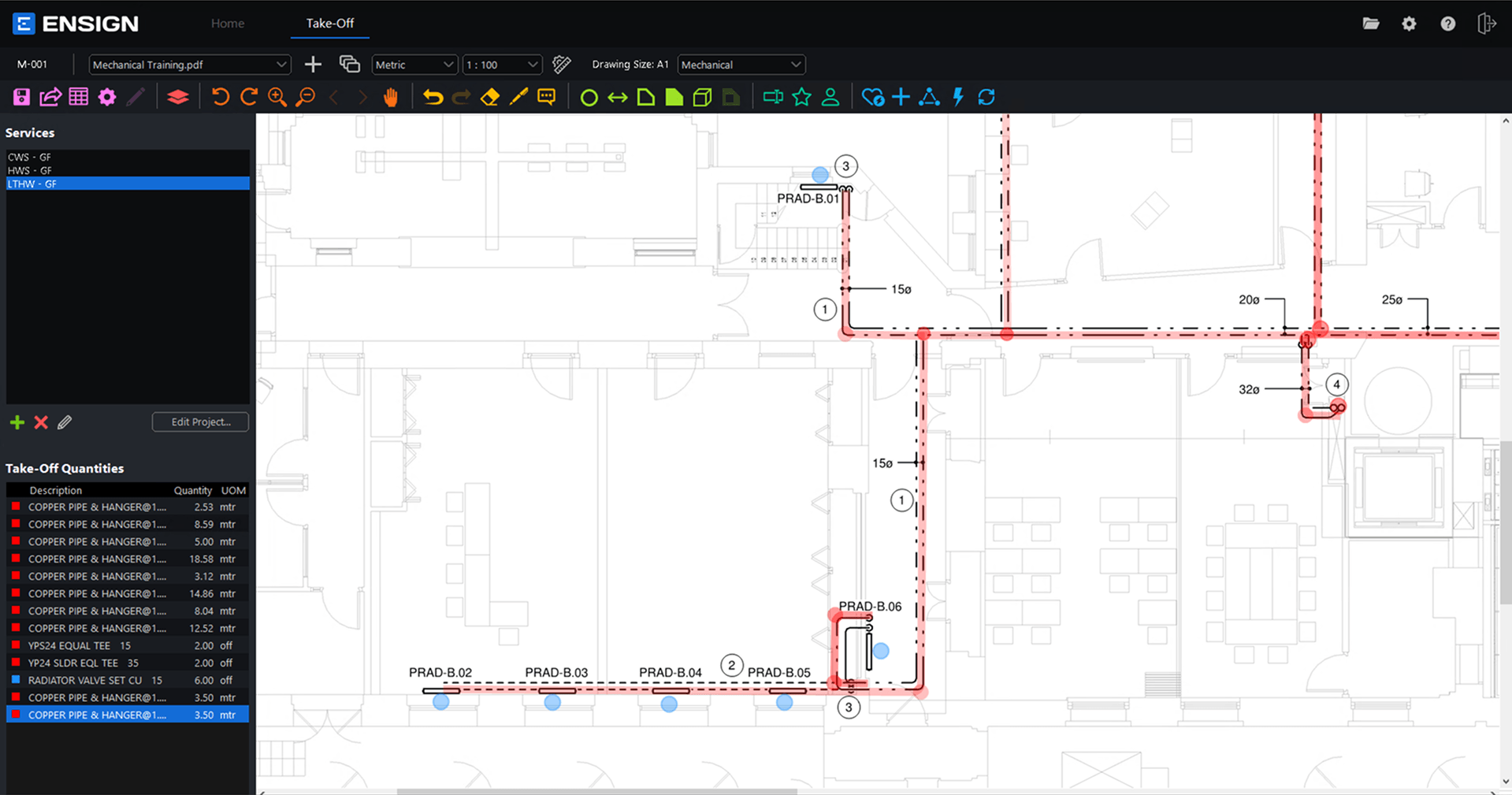 Screenshot of Ensign’s mechanical take-off software showing traced pipework routes on a digital floor plan with auto-generated quantities.