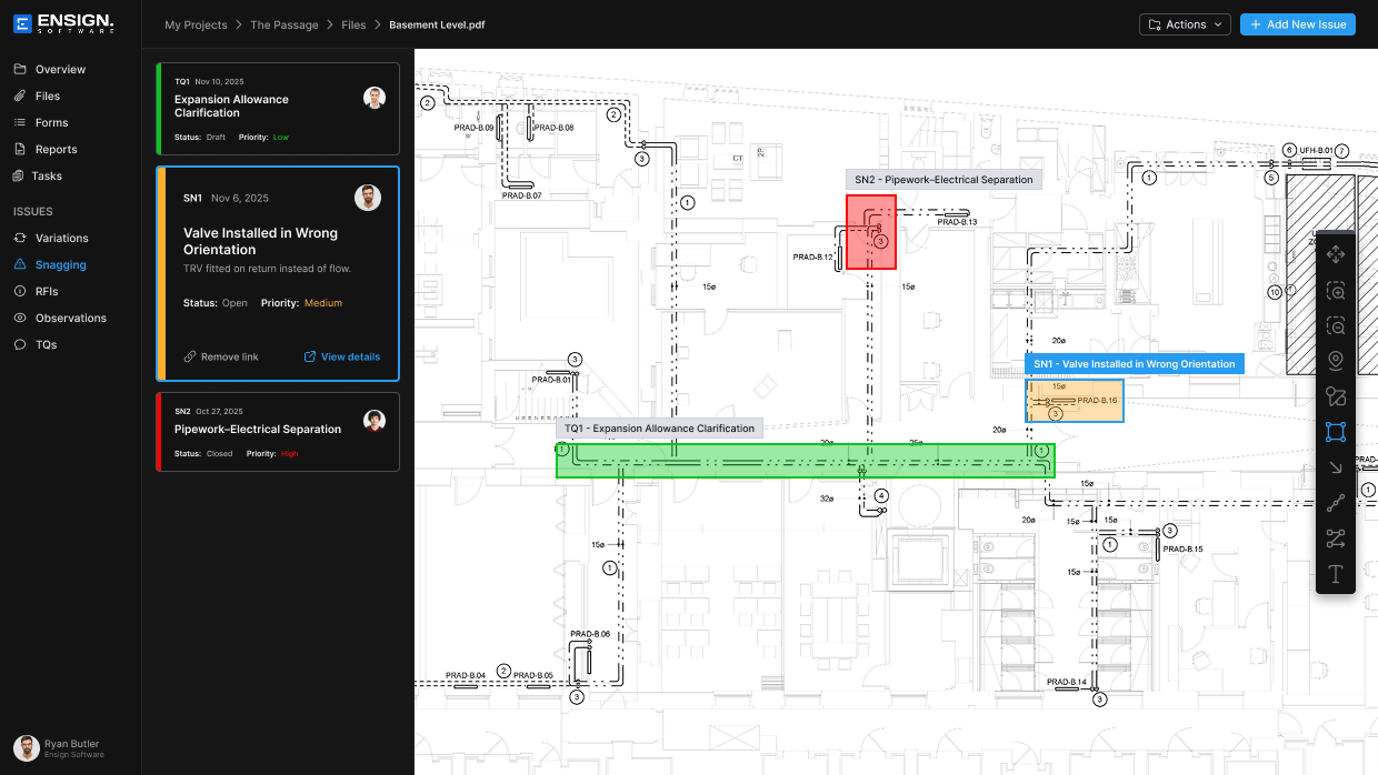 Screenshot of Ensign’s mechanical site management software showing a digital floor plan with colour-coded snags, issues and routing annotations.