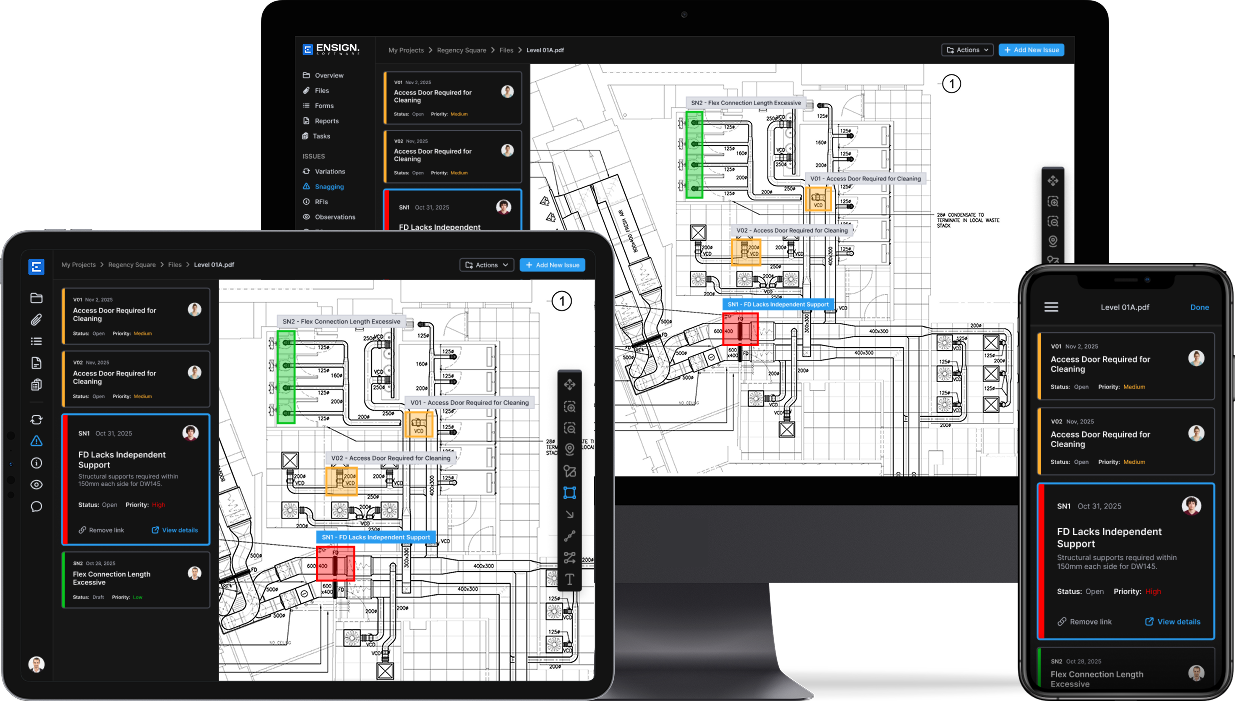 Ductwork site management software displayed on desktop, tablet, and mobile, showing colour-coded snags and issues on duct drawings.