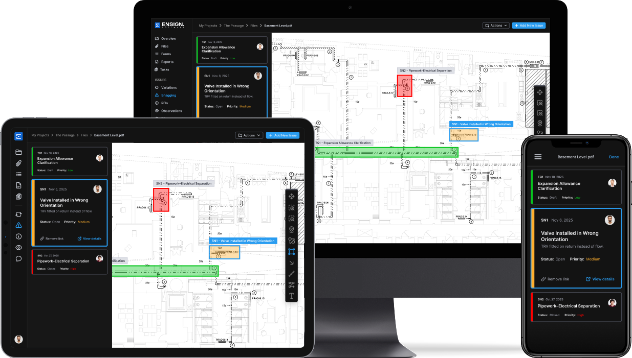 Ensign’s mechanical site management software displayed on desktop, tablet and mobile screens showing colour-coded snags on a digital floor plan.