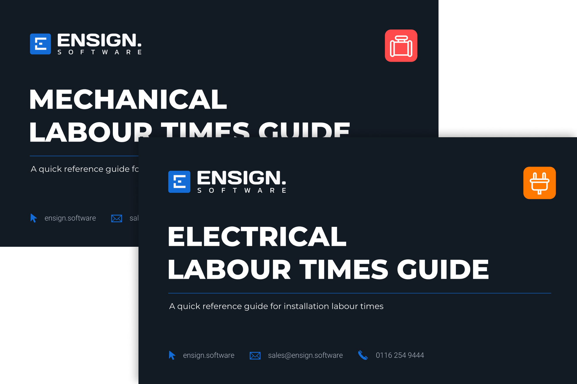 Graphic showcasing title cards for Ensign Software’s Mechanical and Electrical Labour Times Guides, featuring contact details and distinct icons representing mechanical and electrical installation estimating resources.