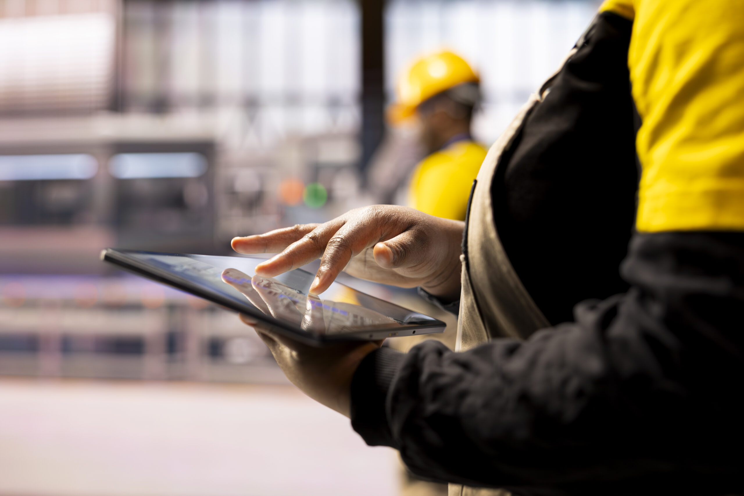 On‑site engineer using a tablet, demonstrating workflow automation with MEP project management software.